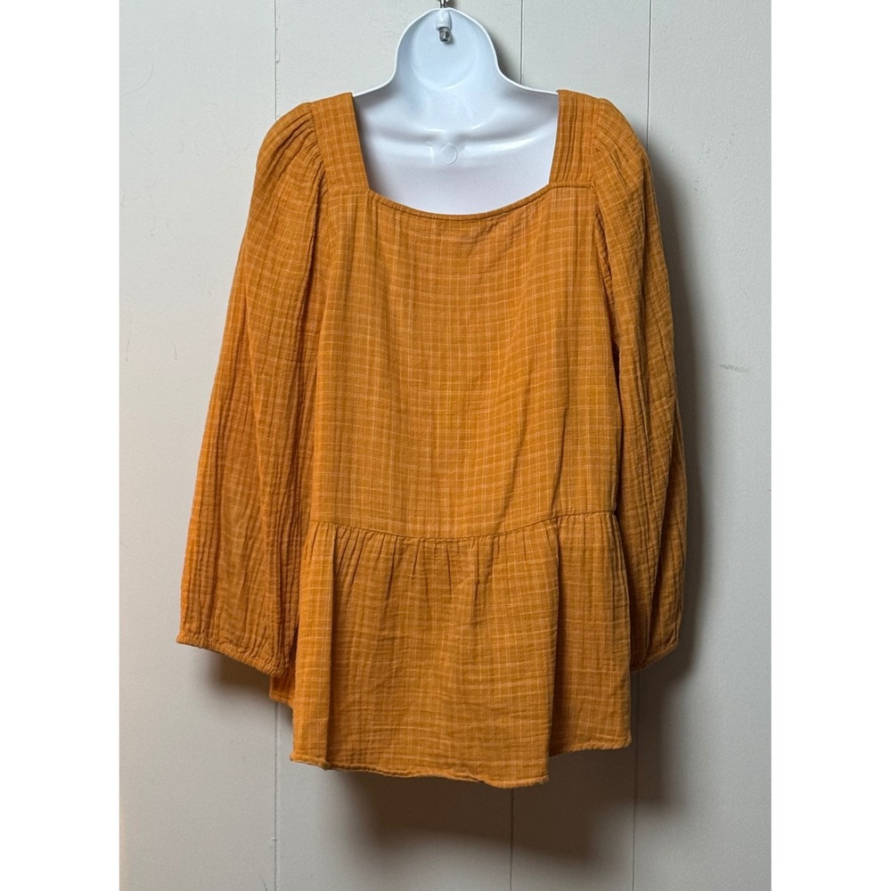 Madewell Mustard Yellow Windowpane Plaid Square Neck Peplum Gauze Top Size XL - Picture 2 of 8